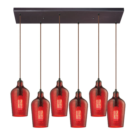 Hammered Glass 6 Light Pendant In Oil Rubbed Bronze And Red Glass