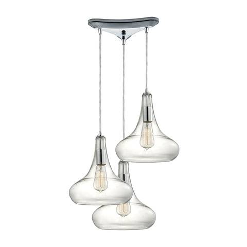 Orbital 3 Light Pendant In Polished Chrome And Clear Glass