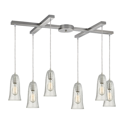 Hammered Glass 6 Light Pendant In Satin Nickel