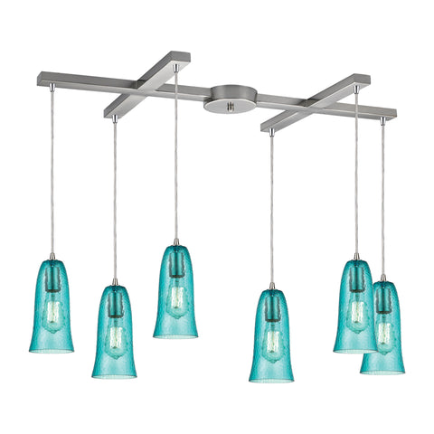 Hammered Glass 6 Light Pendant In Satin Nickel