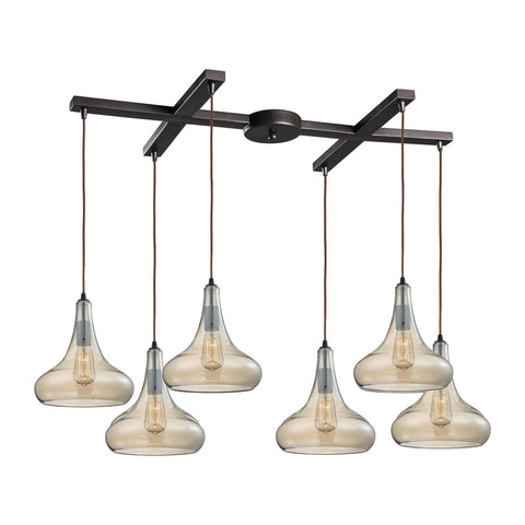 Orbital 6 Light Pendant In Oil Rubbed Bronze And Amber Teak Glass
