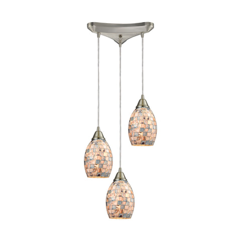 Capri 3 LED Light Pendant In Satin Nickel And Gray Capiz Shell