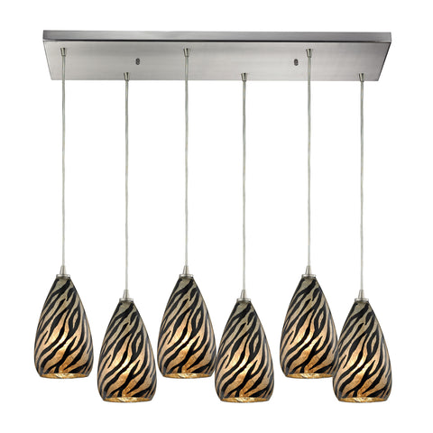 Predator 6 Light Pendant In Satin Nickel And Leopard Glass
