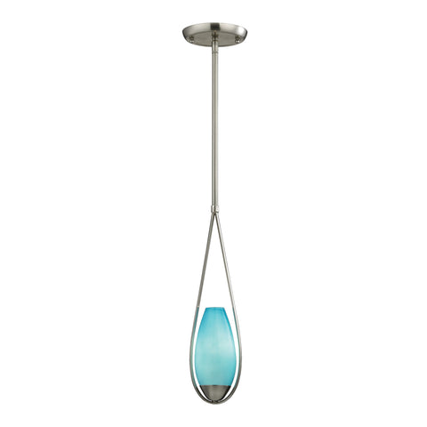 Teardrop 1 Light Pendant In Satin Nickel And Aqua Glass