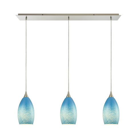 Earth 3 LED Light Pendant In Satin Nickel And Sky Blue Glass