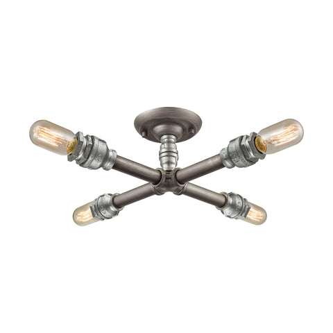 Cast Iron Pipe 4 Light Semi Flush In Weathered Zinc