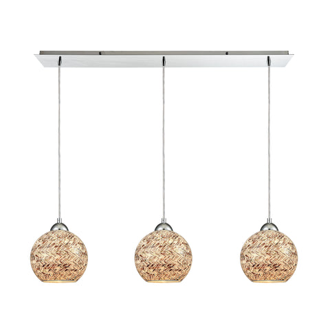 Crosshatch 3-Light Linear Pan In Polished Chrome With Crosshatch Mosaic Glass Pendant