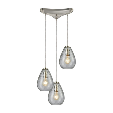 Lagoon 3-Light Triangle Pan In Satin Nickel With Clear Water Glass Pendant