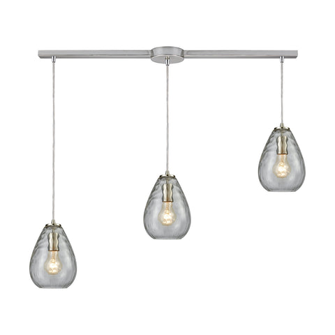 Lagoon 3-Light Linear Bar In Satin Nickel With Clear Water Glass Pendant