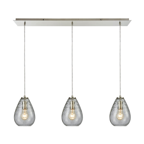 Lagoon 3-Light Linear Pan In Satin Nickel With Clear Water Glass Pendant