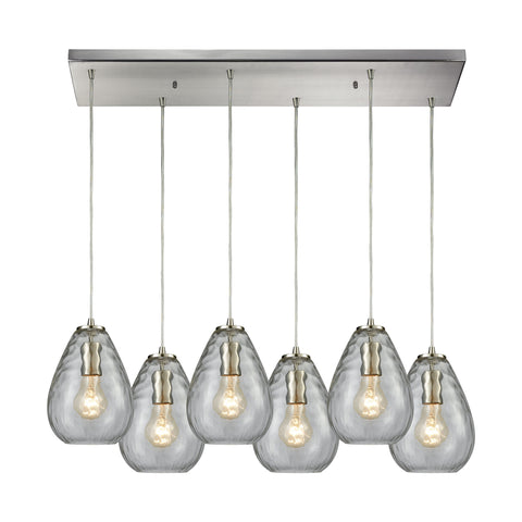 Lagoon 6-Light Rectangle In Satin Nickel With Clear Water Glass Pendant