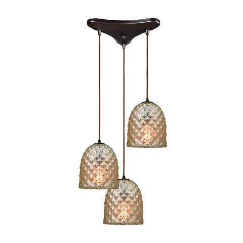 Brimley 3-Light Triangle Pan In Oil Rubbed Bronze With Raised Diamond Texture Mercury Glass Pendant