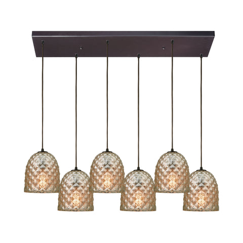 Brimley 6-Light Rectangle In Oil Rubbed Bronze With Raised Diamond Texture Mercury Glass Pendant