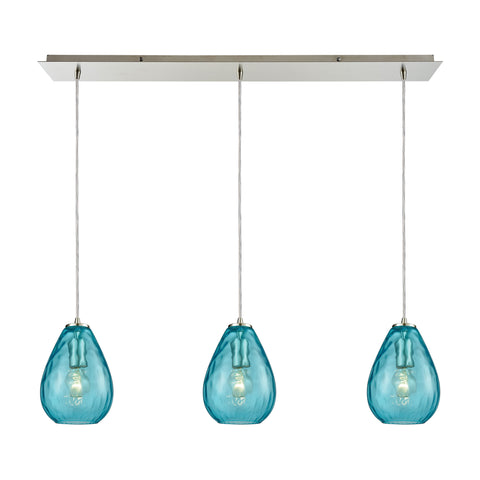 Lagoon 3-Light Linear Pan In Satin Nickel With Aqua Water Glass Pendant