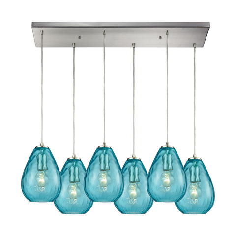 Lagoon 6-Light Rectangle In Satin Nickel With Aqua Water Glass Pendant