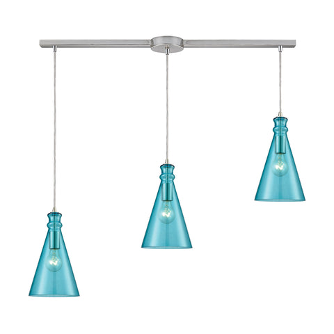 Parson 3-Light Linear Bar In Satin Nickel With Aqua Glass Pendant