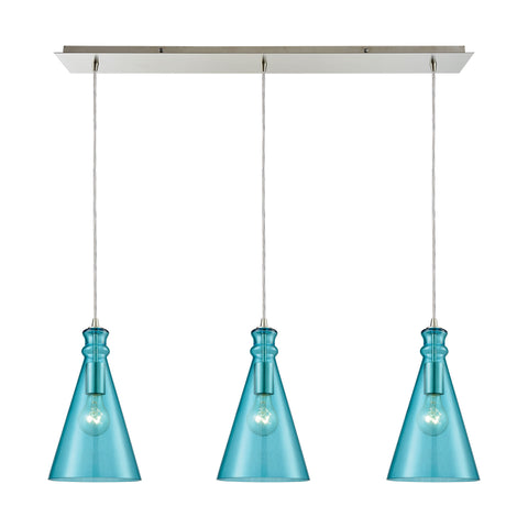 Parson 3-Light Linear Pan In Satin Nickel With Aqua Glass Pendant