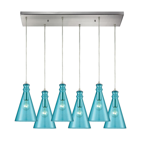 Parson 6-Light Rectangle In Satin Nickel With Aqua Glass Pendant
