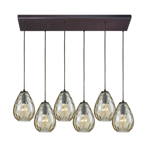 Lagoon 6-Light Rectangle In Oil Rubbed Bronze With Champagne Plated Water Glass Pendant