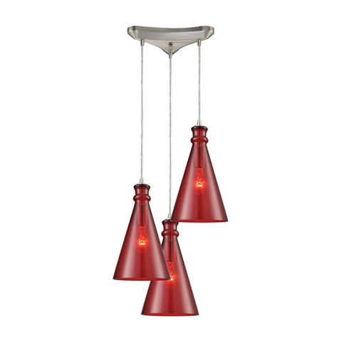 Parson 3-Light Triangle Pan In Satin Nickel With Wine Red Glass Pendant