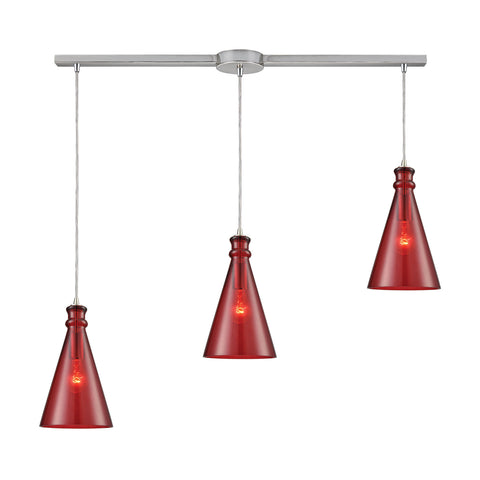Parson 3-Light Linear Bar In Satin Nickel With Wine Red Glass Pendant