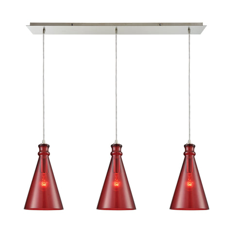 Parson 3-Light Linear Pan In Satin Nickel With Wine Red Glass Pendant