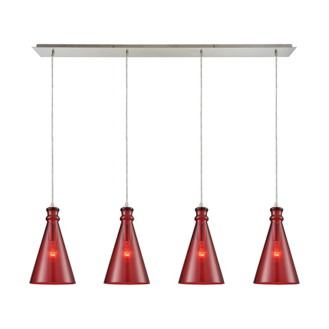 Parson 4-Light Linear Pan In Satin Nickel With Wine Red Glass Pendant