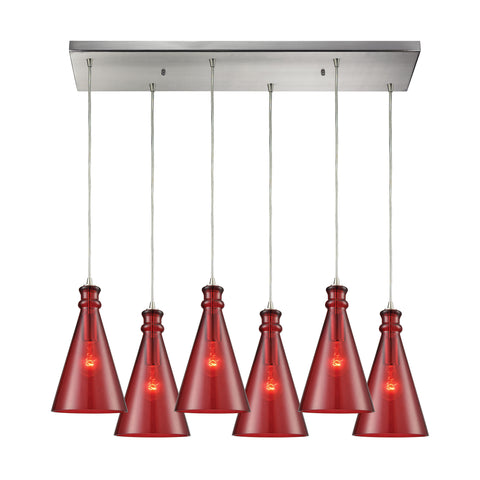 Parson 6-Light Rectangle In Satin Nickel With Wine Red Glass Pendant
