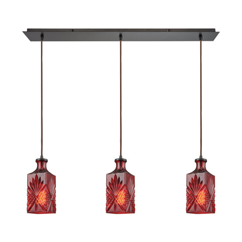 Giovanna 3-Light Linear Pan In Oil Rubbed Bronze With Wine Red Decanter Glass Pendant