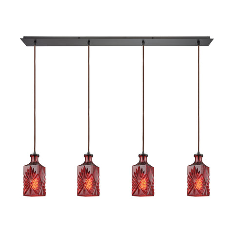 Giovanna 4-Light Linear Pan In Oil Rubbed Bronze With Wine Red Decanter Glass Pendant