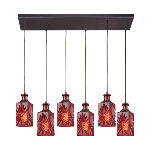 Giovanna 6-Light Rectangle In Oil Rubbed Bronze With Wine Red Decanter Glass Pendant