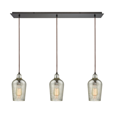 Hammered Glass 3 Light Linear Pan Fixture In Oil Rubbed Bronze With Hammered Mercury Glass