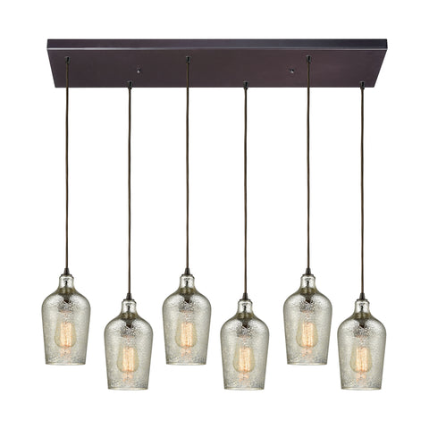 Hammered Glass 6 Light Rectangle Fixture In Oil Rubbed Bronze With Hammered Mercury Glass