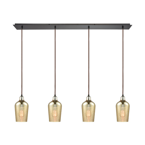 Hammered Glass 4 Light Linear Pan Fixture In Oil Rubbed Bronze With Hammered Amber Plated Glass
