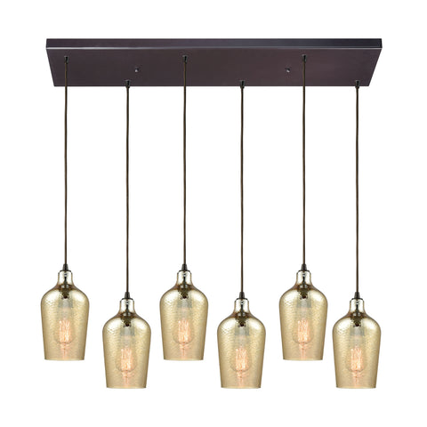 Hammered Glass 6 Light Rectangle Fixture In Oil Rubbed Bronze With Hammered Amber Plated Glass