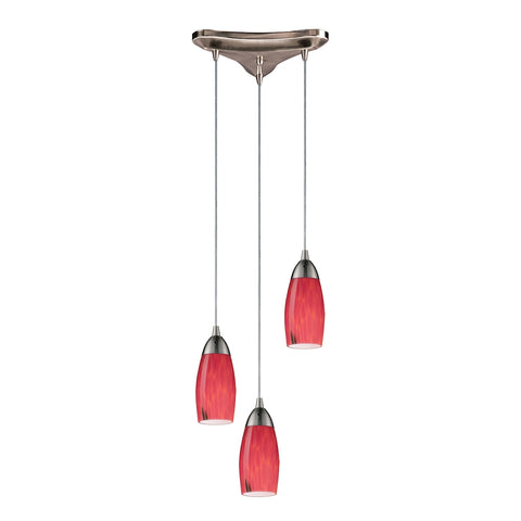 Milan 3 Light Pendant In Satin Nickel And Fire Red Glass