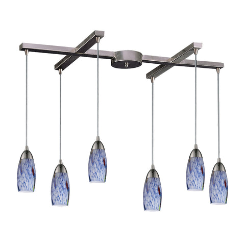 Milan 6 Light Pendant In Satin Nickel And Starburst Blue Glass