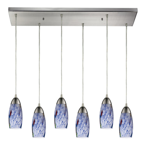 Milan 6 Light Pendant In Satin Nickel And Starburst Blue Glass