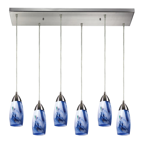 Milan 6 Light Pendant In Satin Nickel And Mountain Glass