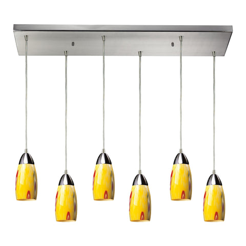 Milan 6 Light Pendant In Satin Nickel And Yellow Blaze Glass