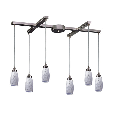 Milan 6 Light Pendant In Satin Nickel And Snow White Glass