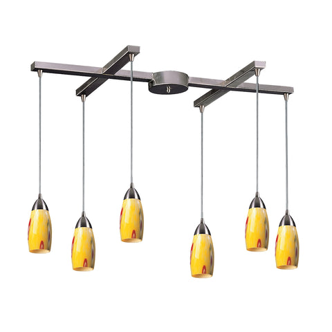 Milan 6 Light Pendant In Satin Nickel And Yellow Blaze Glass