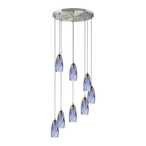 Milan 8 Light Pendant In Satin Nickel And Starburst Blue Glass