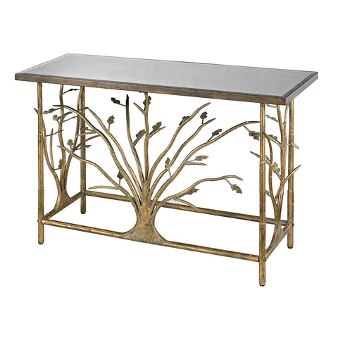 Rhyl Metal Branch Console Table In Gold Leaf With Antique Mirrored Top