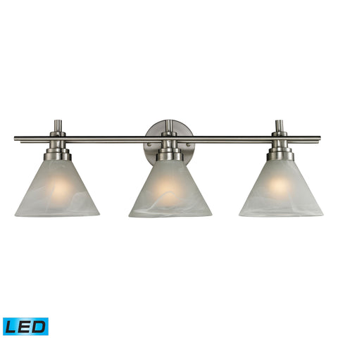 Pemberton 3 Light LED Vanity In Brushed Nickel And Marbelized White Glass