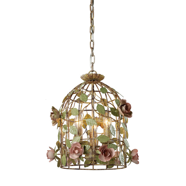 Iron Cage 3 Light Pendant With Rose Vine Detailing