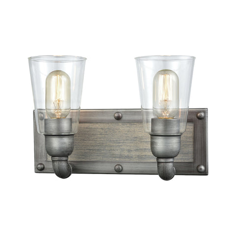 Platform 2 Light Vanity In Weathered Zinc With Washed Wood And Clear Glass
