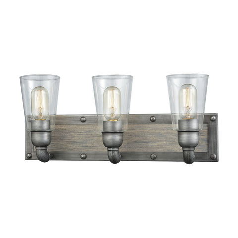Platform 3 Light Vanity In Weathered Zinc With Washed Wood And Clear Glass