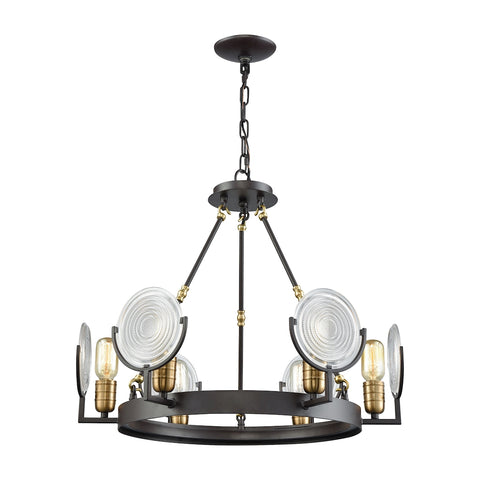 Ocular 6 Light Chandelier In Oil Rubbed Bronze With Satin Brass Accents And Clear Railroad Light Glass