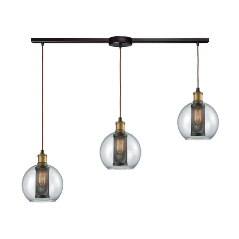 Bremington 3 Light Linear Bar Pendant In Tarnished Brass/Oil Rubbed Bronze With Clear Glass And Perforated Metal Cage